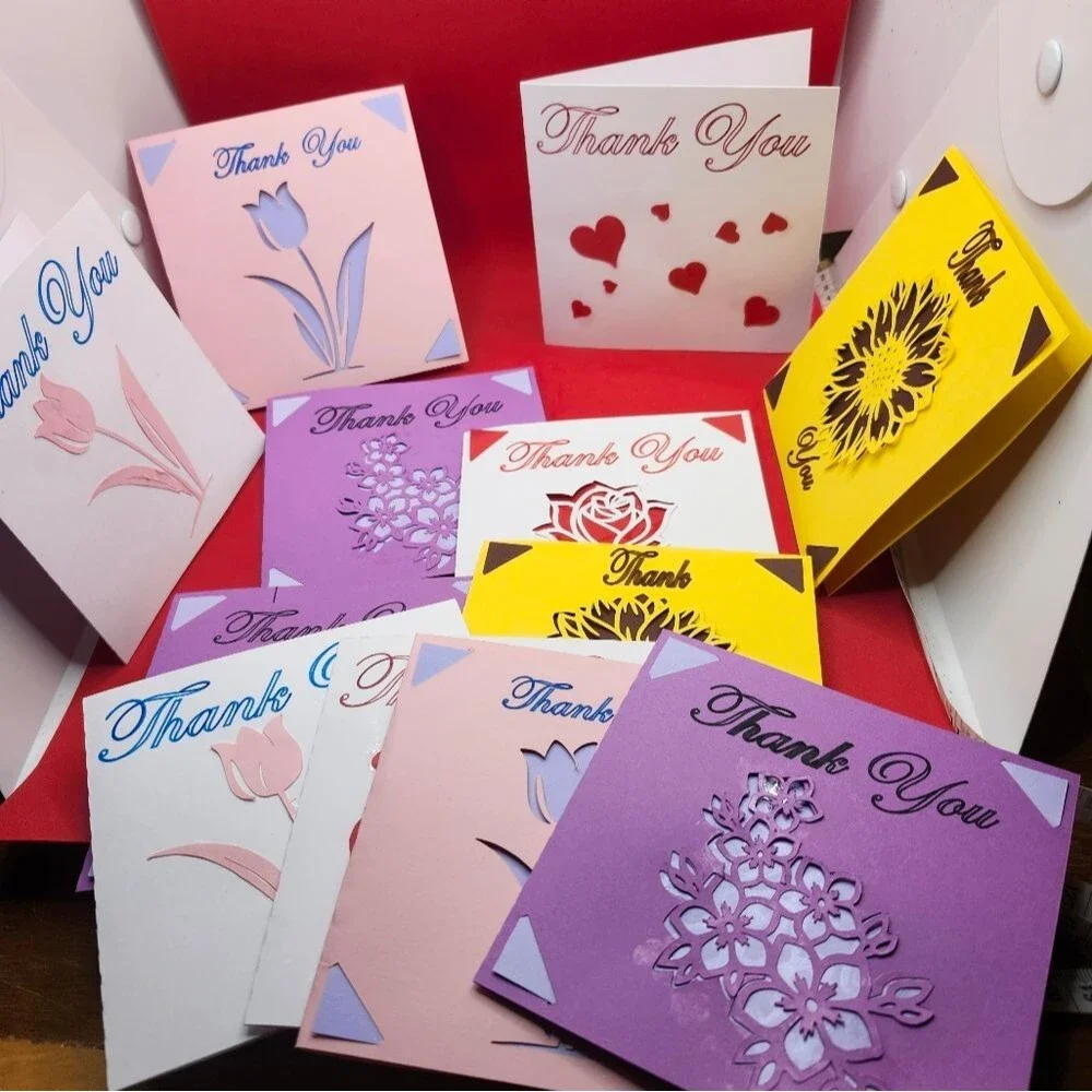 Hand Crafted Colorful Floral Thank You Cards Set of 12
